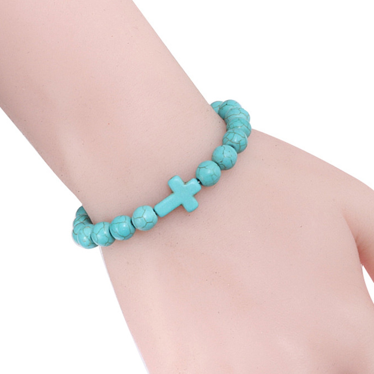 Multi Color Cross Turquoise Stone 8MM Beads Stretch Bracelets
