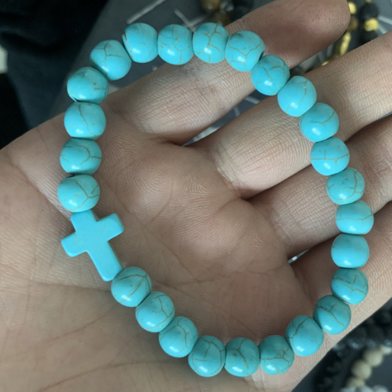Multi Color Cross Turquoise Stone 8MM Beads Stretch Bracelets