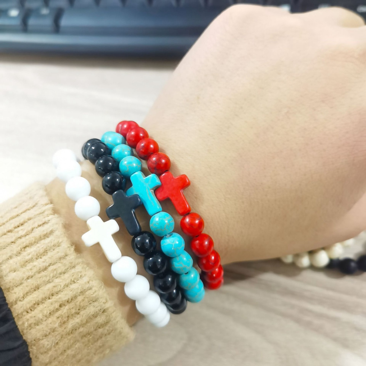 Colorful Turquoise Cross 8MM Stone Beads Stretch Bracelets for Women Men