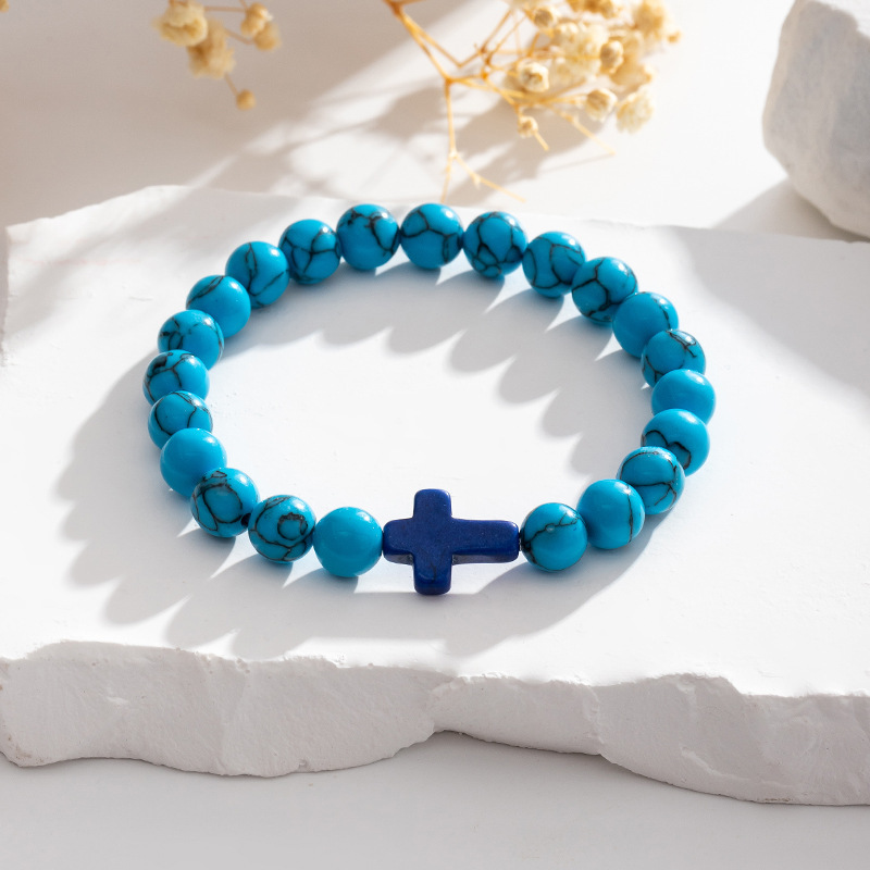 Colorful Turquoise Cross 8MM Stone Beads Stretch Bracelets for Women Men