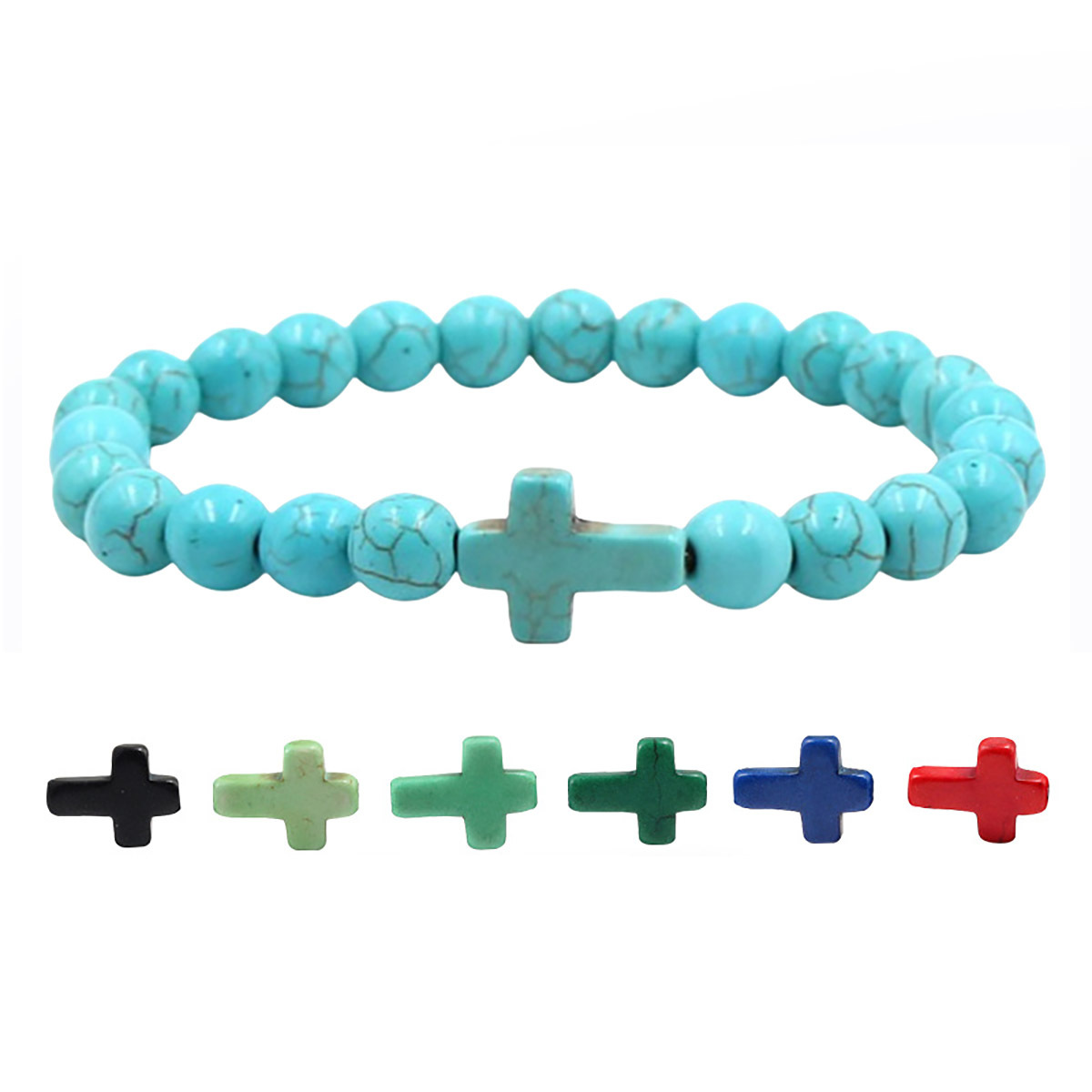 Multi Color Cross Turquoise Stone 8MM Beads Stretch Bracelets
