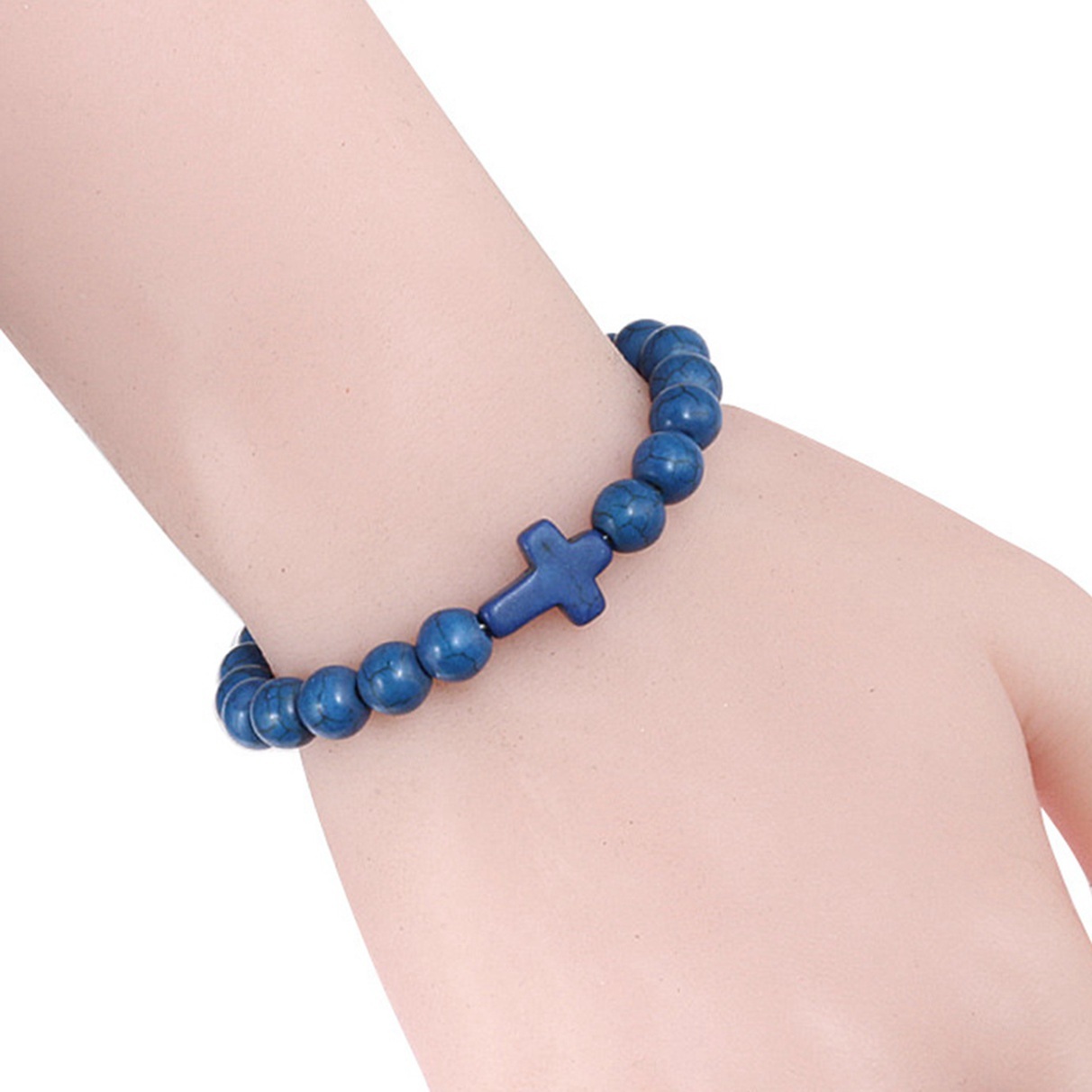 Colorful Turquoise Cross 8MM Stone Beads Stretch Bracelets for Women Men
