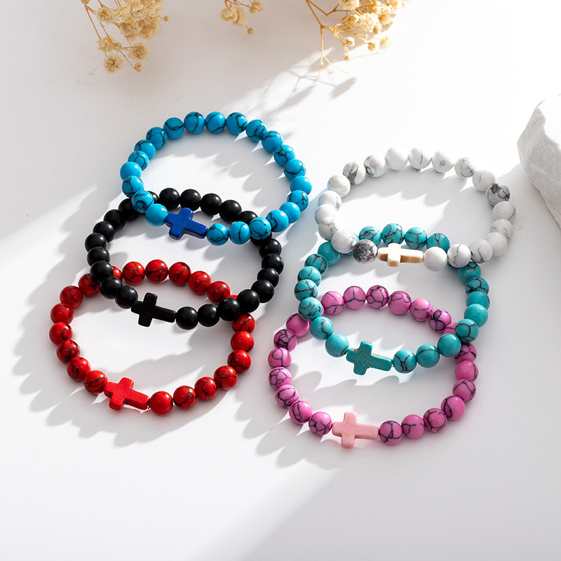 Colorful Turquoise Cross 8MM Stone Beads Stretch Bracelets for Women Men