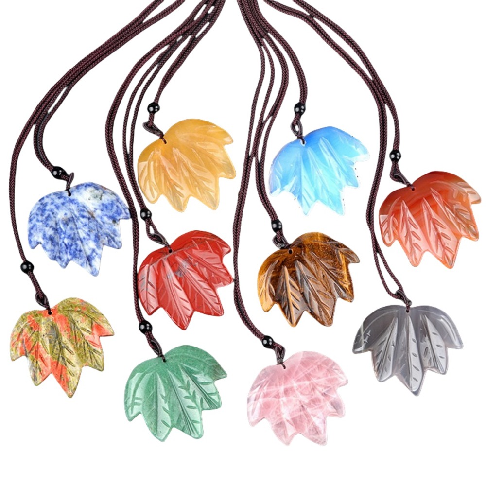 Gemstone (43x50mm) Maple Leaf Pendant Necklace Adjustable Rope Hanmade Craved