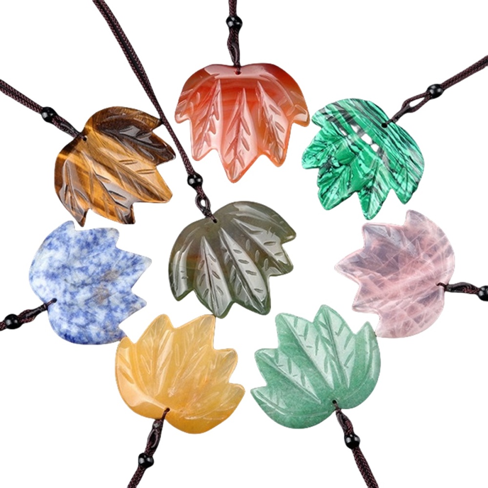 Gemstone (43x50mm) Maple Leaf Pendant Necklace Adjustable Rope Hanmade Craved