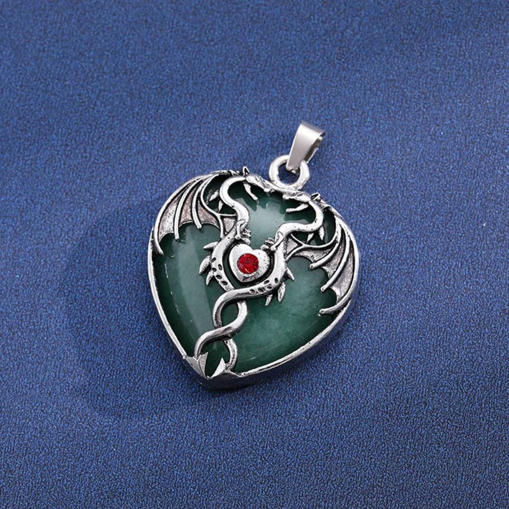 Gemstone 30MM Heart Antique Silver Double Dragon Pendant (32x42mm) for DIY Making Jewelry