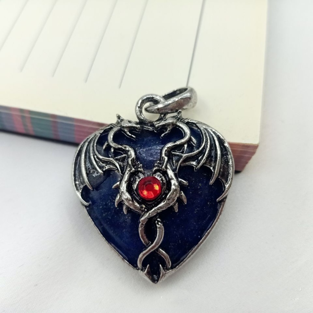Gemstone 30MM Heart Antique Silver Double Dragon Pendant (32x42mm) for DIY Making Jewelry