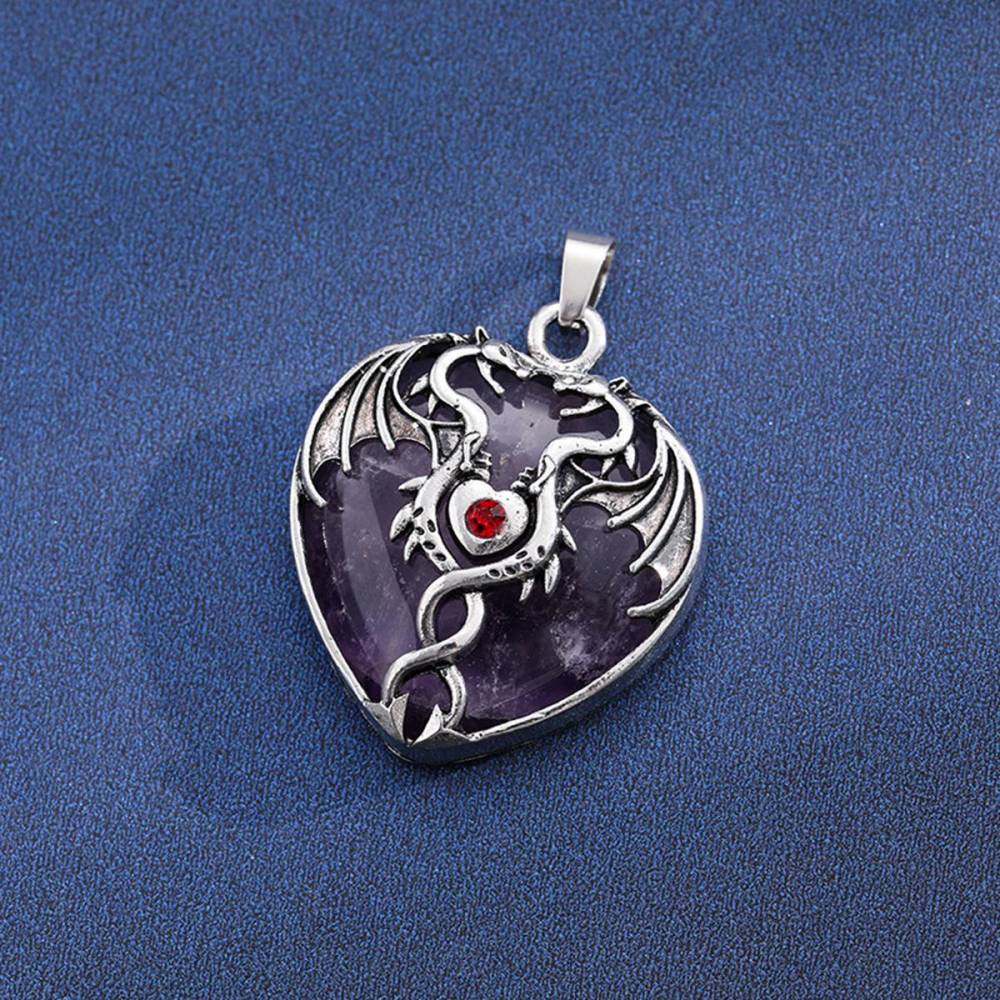 Gemstone 30MM Heart Antique Silver Double Dragon Pendant (32x42mm) for DIY Making Jewelry