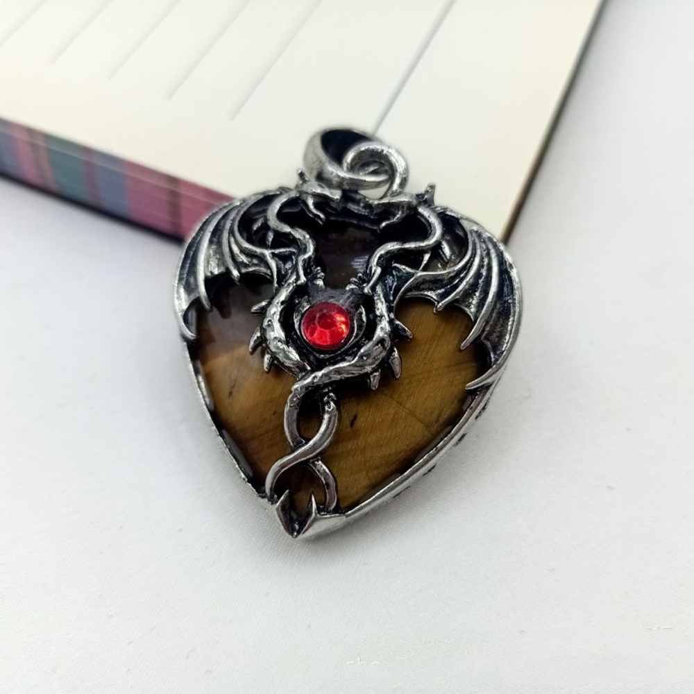 Gemstone 30MM Heart Antique Silver Double Dragon Pendant (32x42mm) for DIY Making Jewelry
