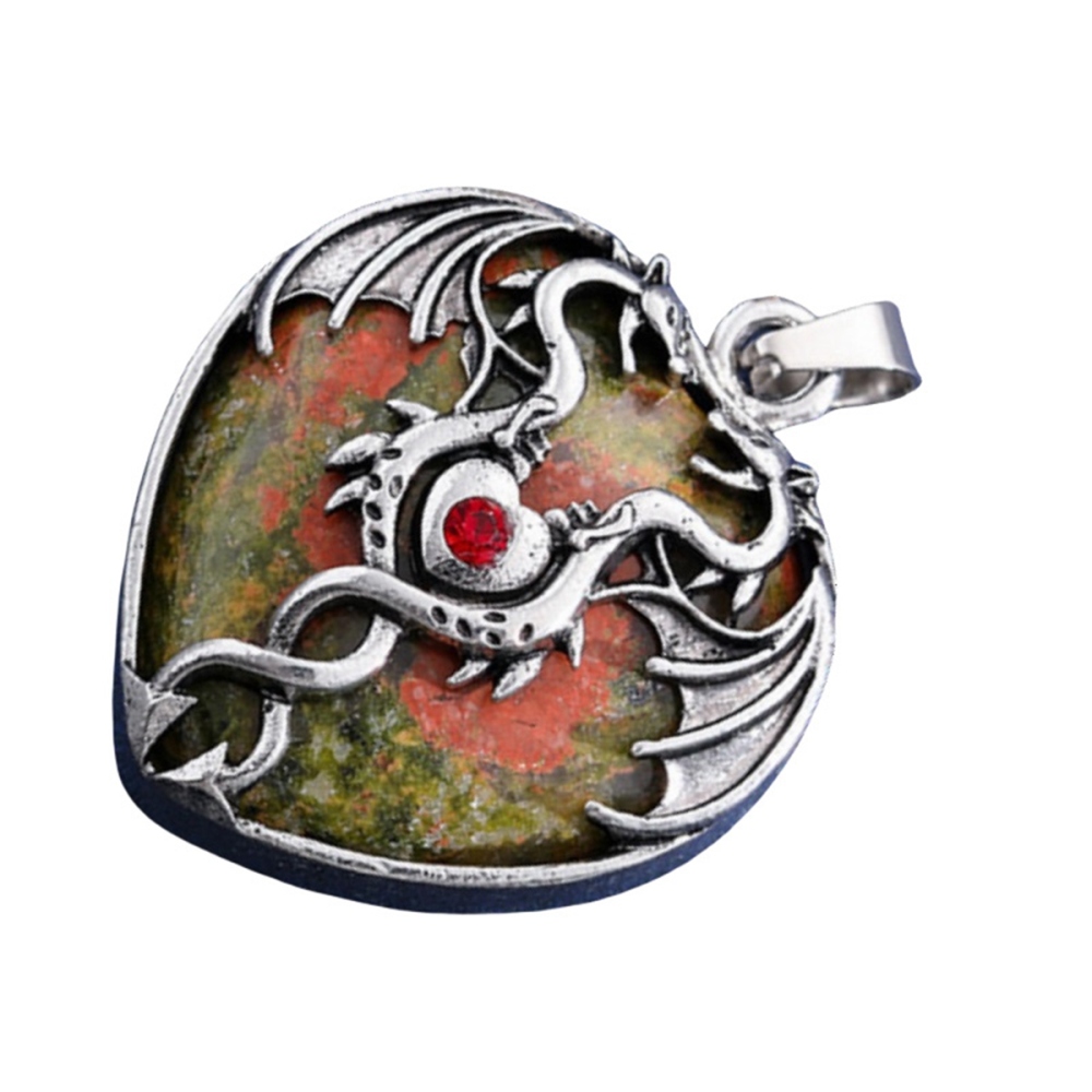 Gemstone 30MM Heart Antique Silver Double Dragon Pendant (32x42mm) for DIY Making Jewelry