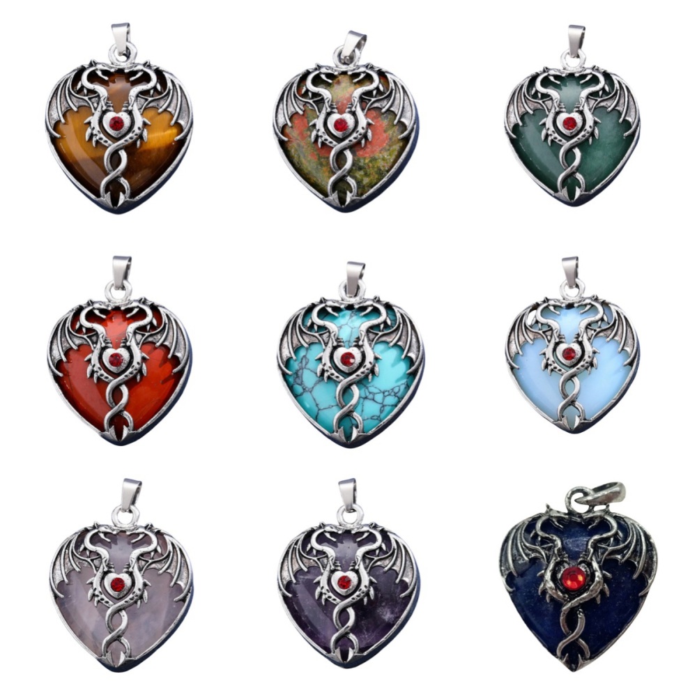 Gemstone Heart Antique Silver Double Dragon Pendant for DIY Making Jewelry