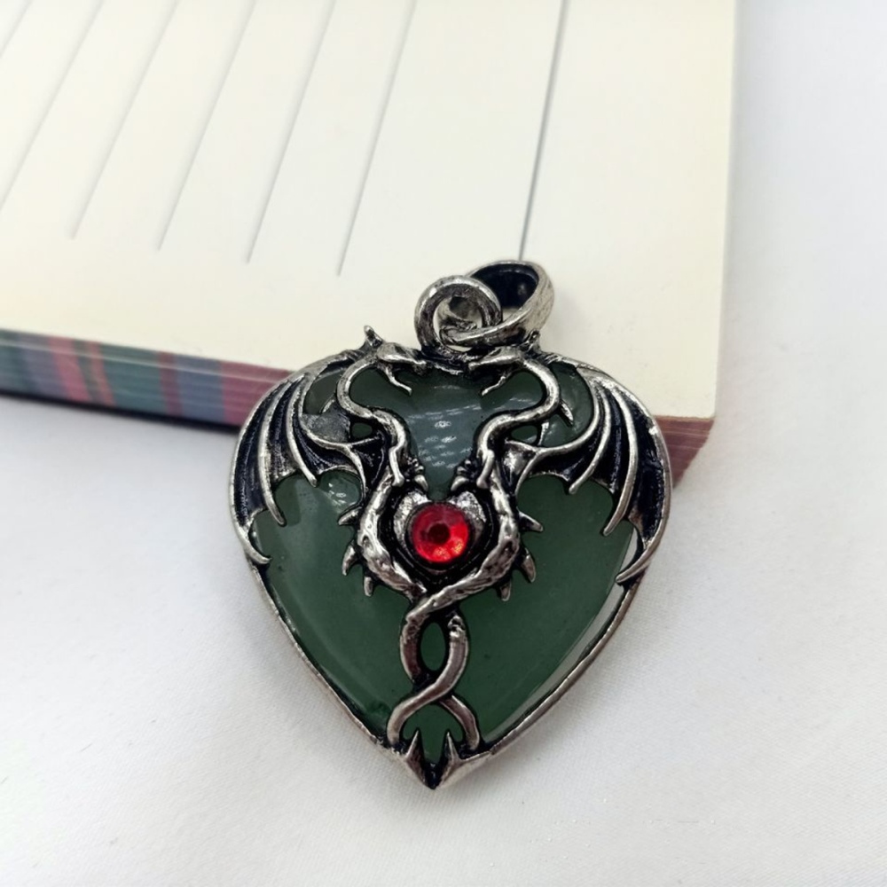 Gemstone 30MM Heart Antique Silver Double Dragon Pendant (32x42mm) for DIY Making Jewelry