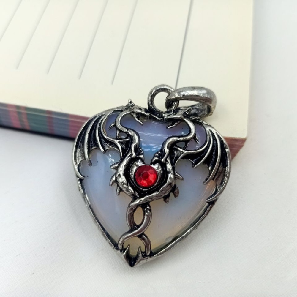 Gemstone 30MM Heart Antique Silver Double Dragon Pendant (32x42mm) for DIY Making Jewelry