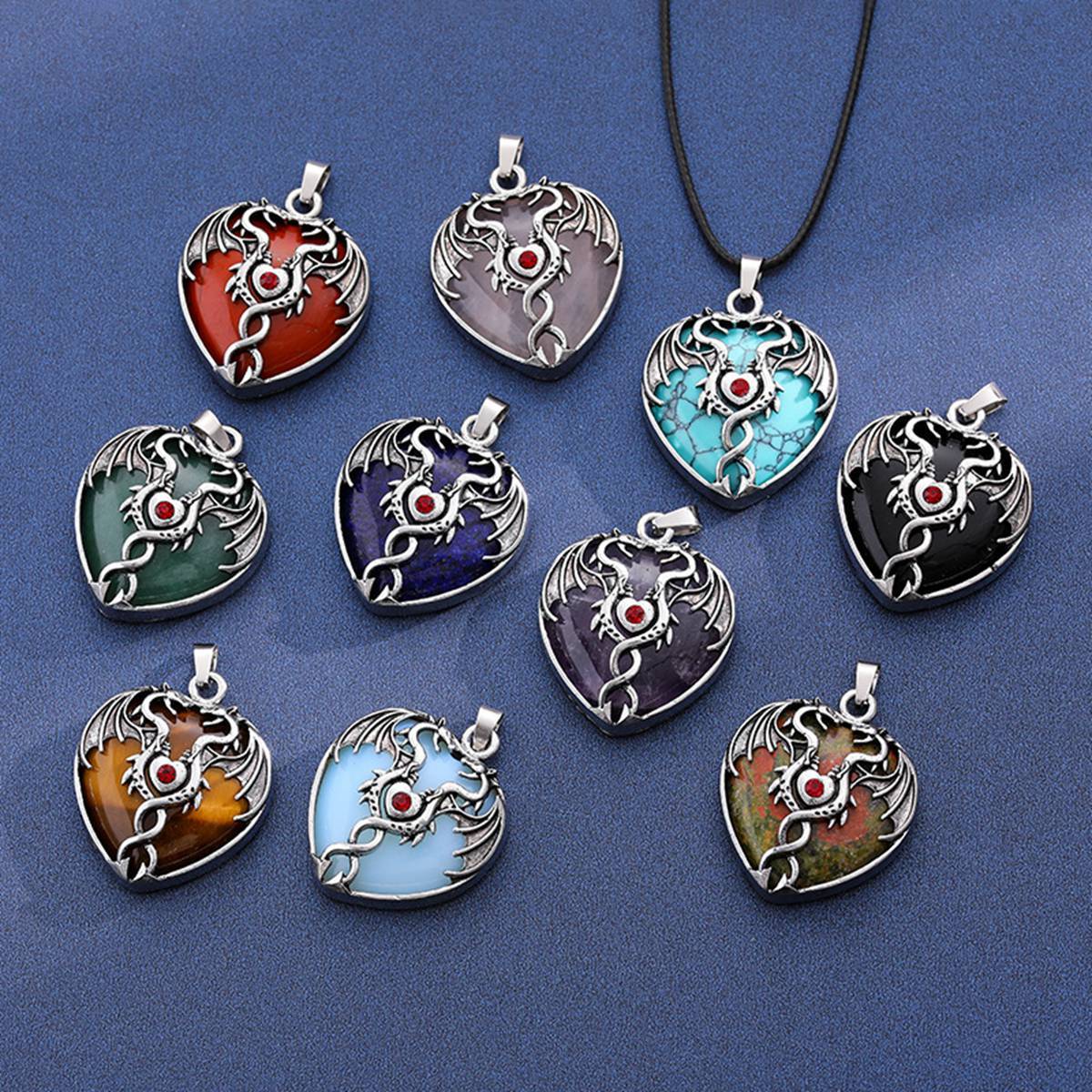 Gemstone Heart Antique Silver Double Dragon Pendant for DIY Making Jewelry