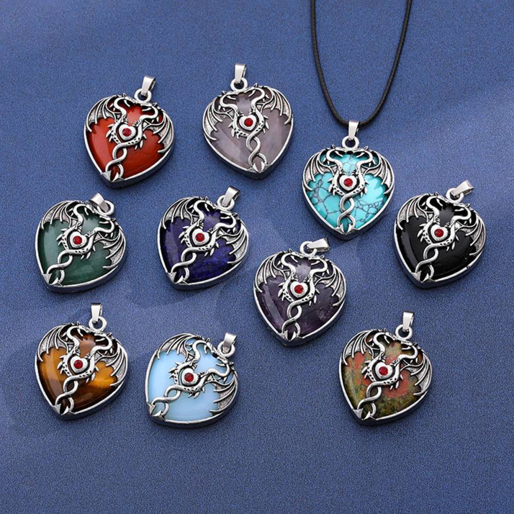 Gemstone Heart Antique Silver Double Dragon Pendant for DIY Making Jewelry