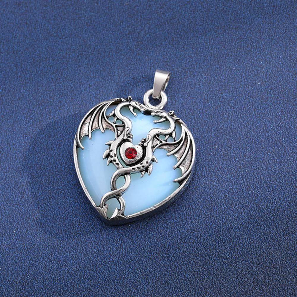 Gemstone 30MM Heart Antique Silver Double Dragon Pendant (32x42mm) for DIY Making Jewelry