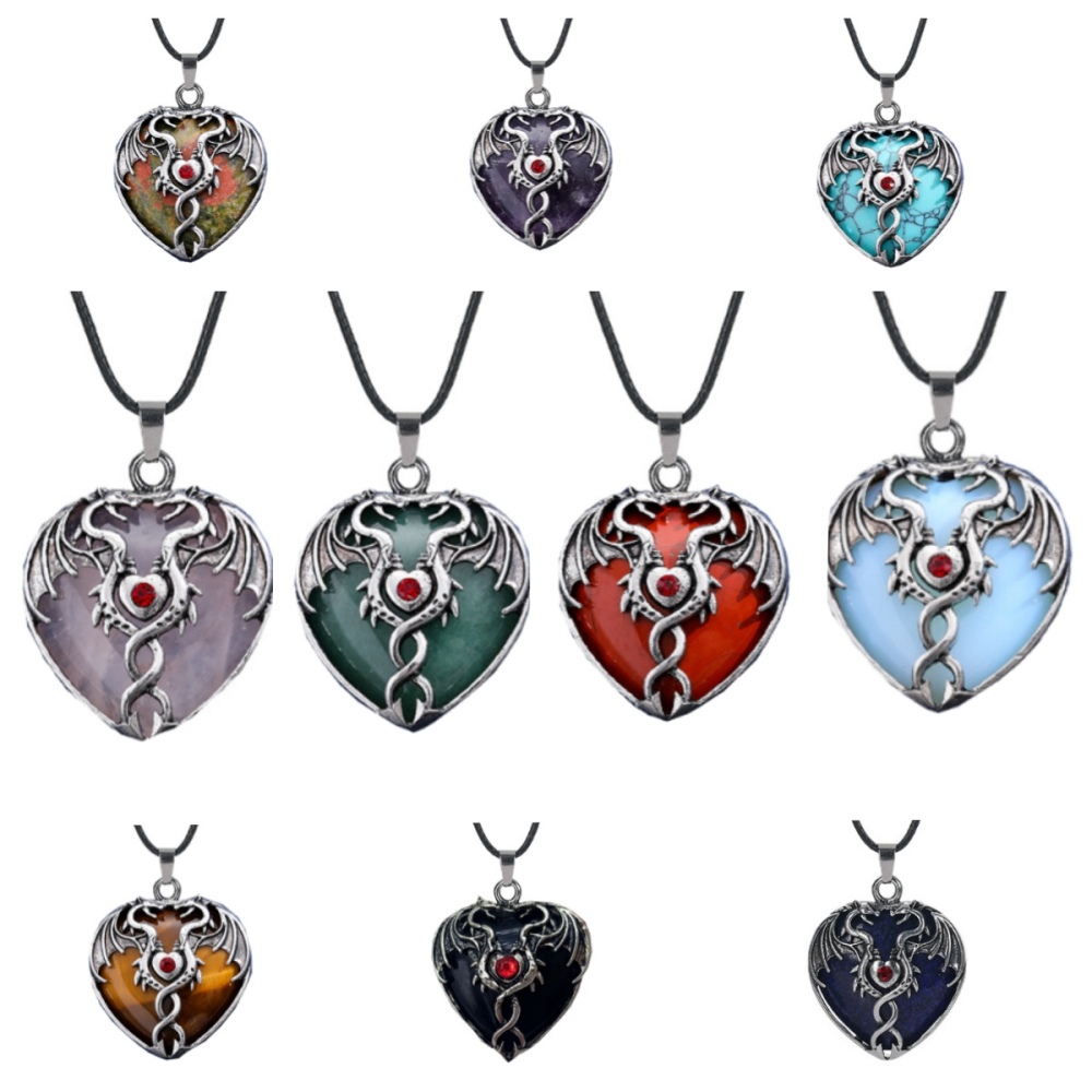 Gemstone Heart Antique Silver Double Dragon Pendant for DIY Making Jewelry