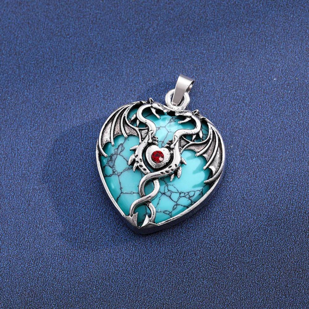 Gemstone 30MM Heart Antique Silver Double Dragon Pendant (32x42mm) for DIY Making Jewelry