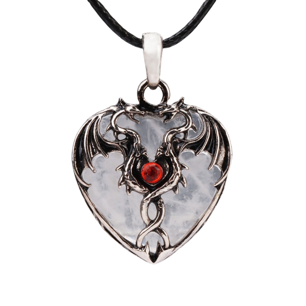 Yellow Tiger Eye 30MM Heart Antique Silver Double Dragon Pendant (32x42mm) for DIY Making Jewelry