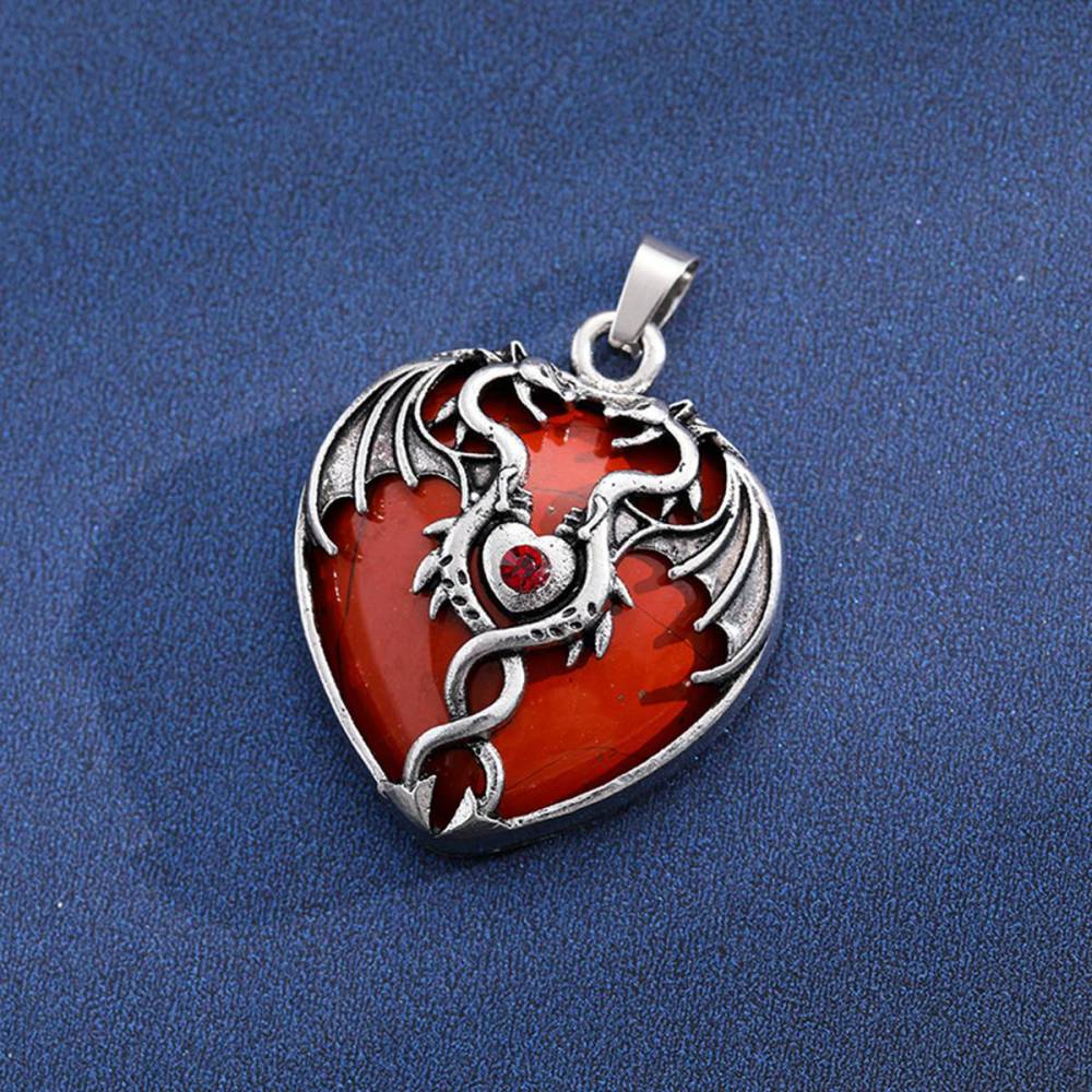 Gemstone 30MM Heart Antique Silver Double Dragon Pendant (32x42mm) for DIY Making Jewelry