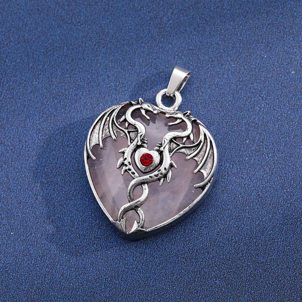 Gemstone 30MM Heart Antique Silver Double Dragon Pendant (32x42mm) for DIY Making Jewelry