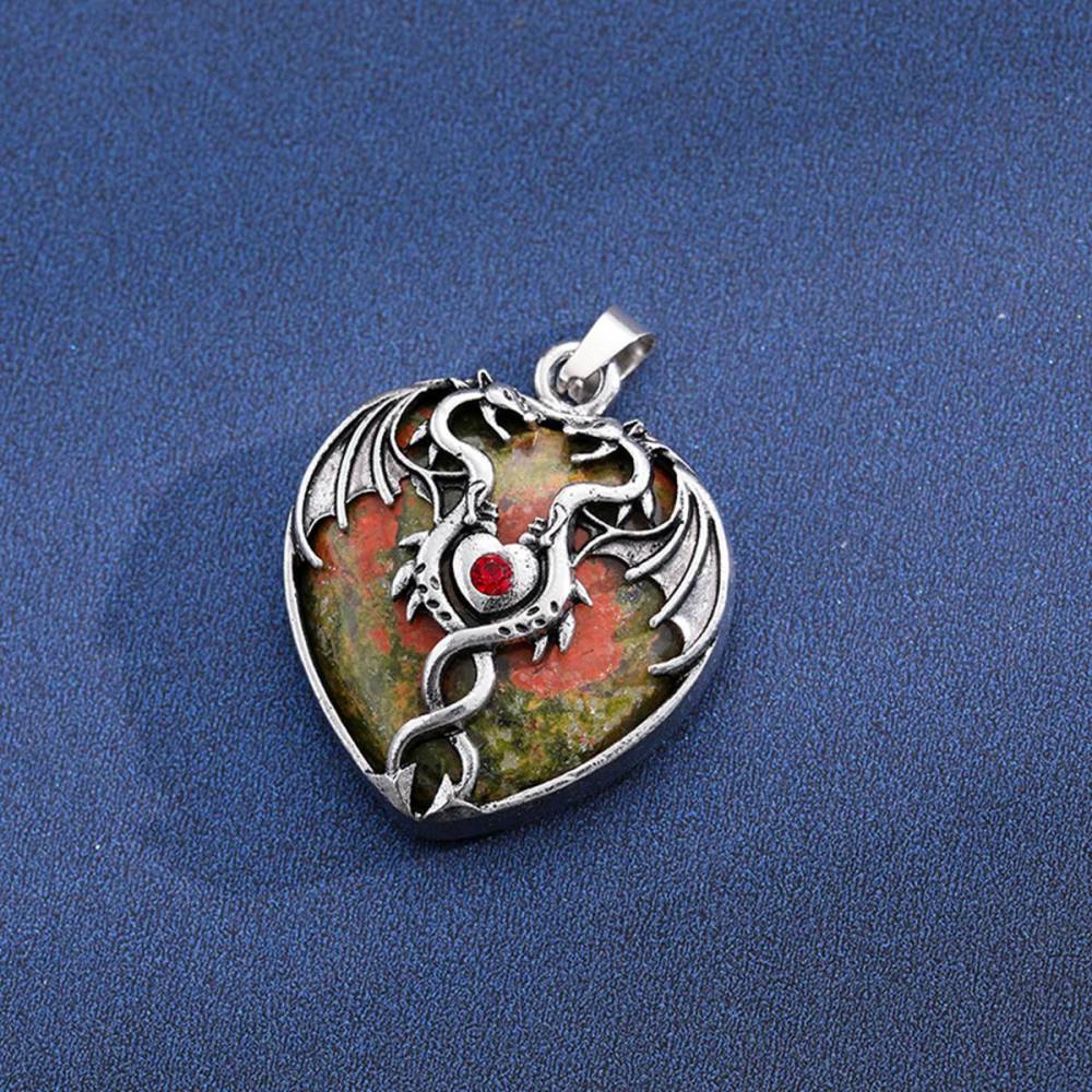 Gemstone 30MM Heart Antique Silver Double Dragon Pendant (32x42mm) for DIY Making Jewelry