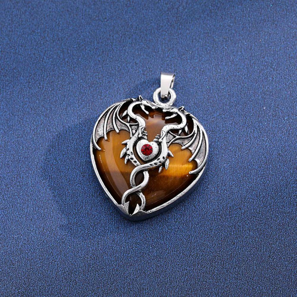 Gemstone 30MM Heart Antique Silver Double Dragon Pendant (32x42mm) for DIY Making Jewelry