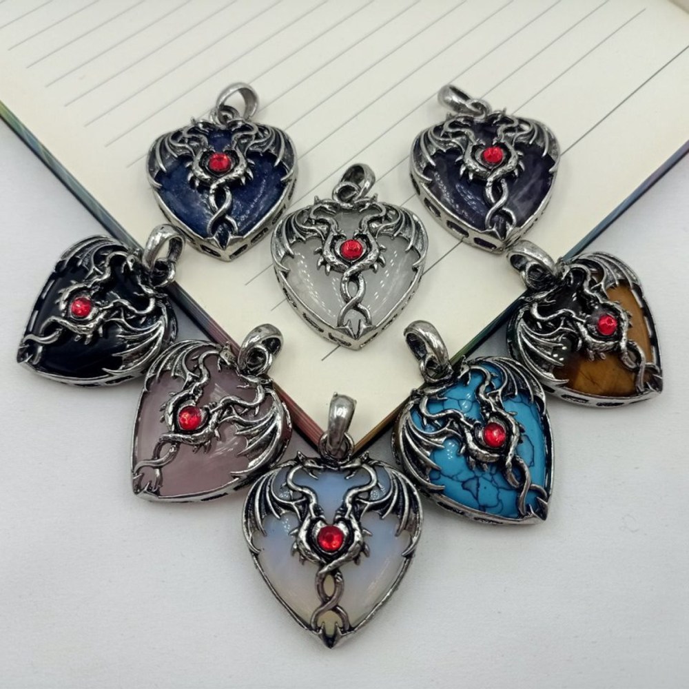 Gemstone Heart Antique Silver Double Dragon Pendant for DIY Making Jewelry