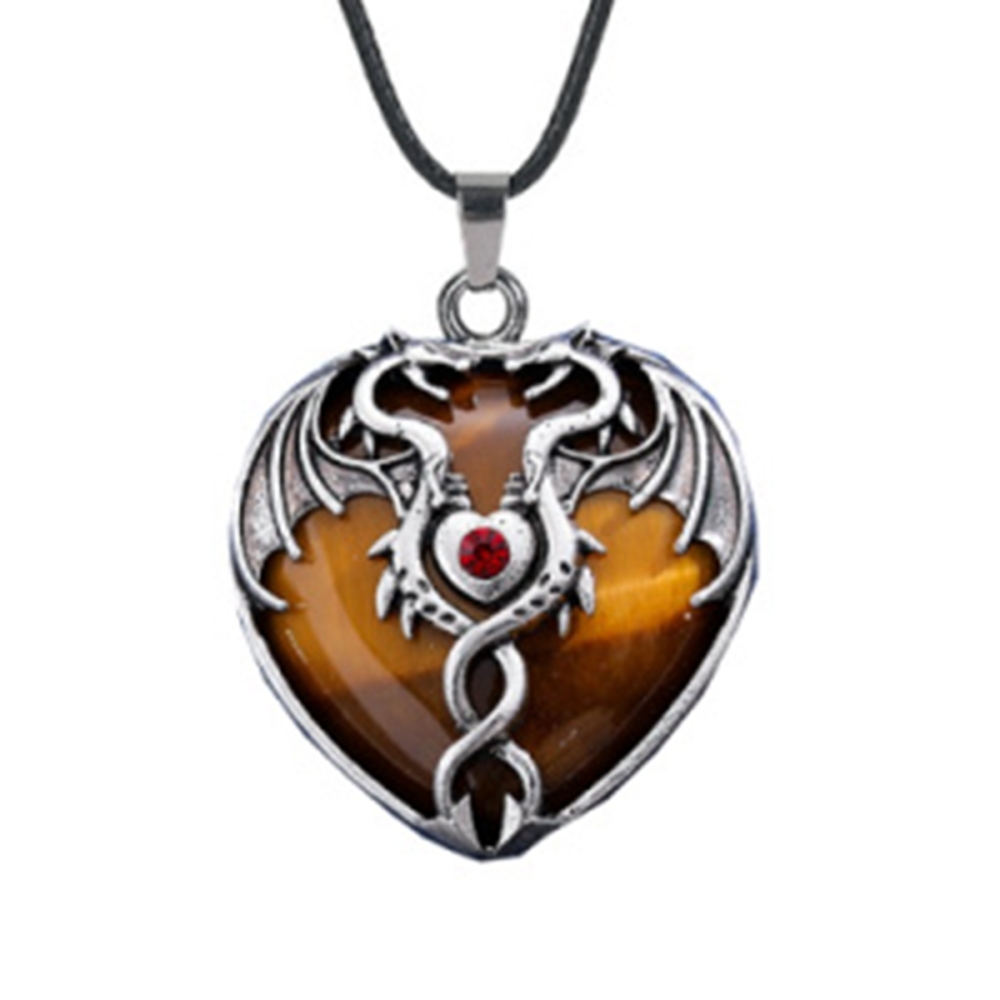 Yellow Tiger Eye 30MM Heart Antique Silver Double Dragon Pendant (32x42mm) for DIY Making Jewelry