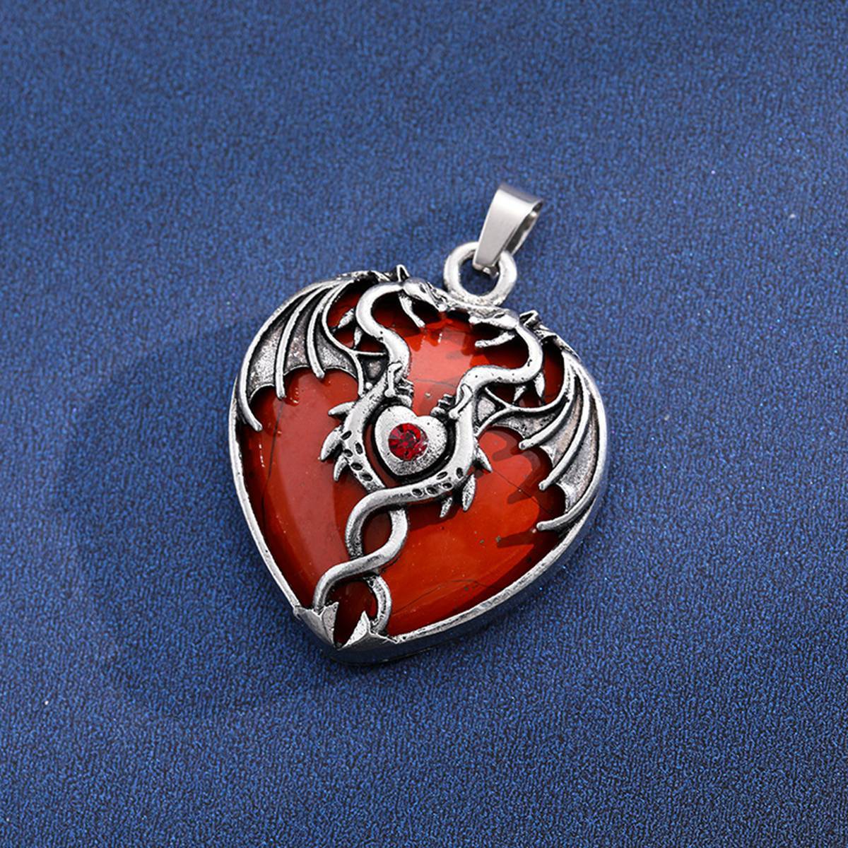 Gemstone 30MM Heart Antique Silver Double Dragon Pendant (32x42mm) for DIY Making Jewelry