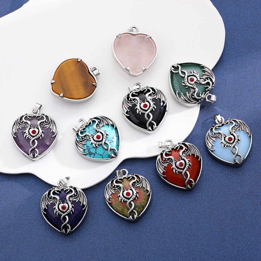 Gemstone Heart Antique Silver Double Dragon Pendant for DIY Making Jewelry