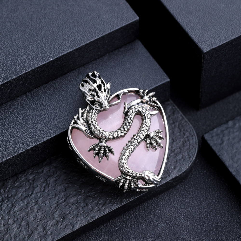 Antique Silver Dragon 30MM Heart Gemstone Pendant (32x42mm) Necklace with 45CM Black Cord