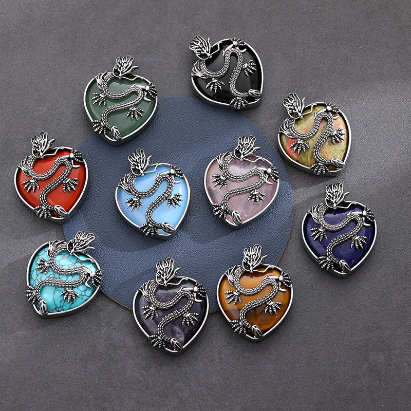 Antique Silver Dragon 30MM Heart Gemstone Pendant (32x42mm) for DIY Making Jewelry