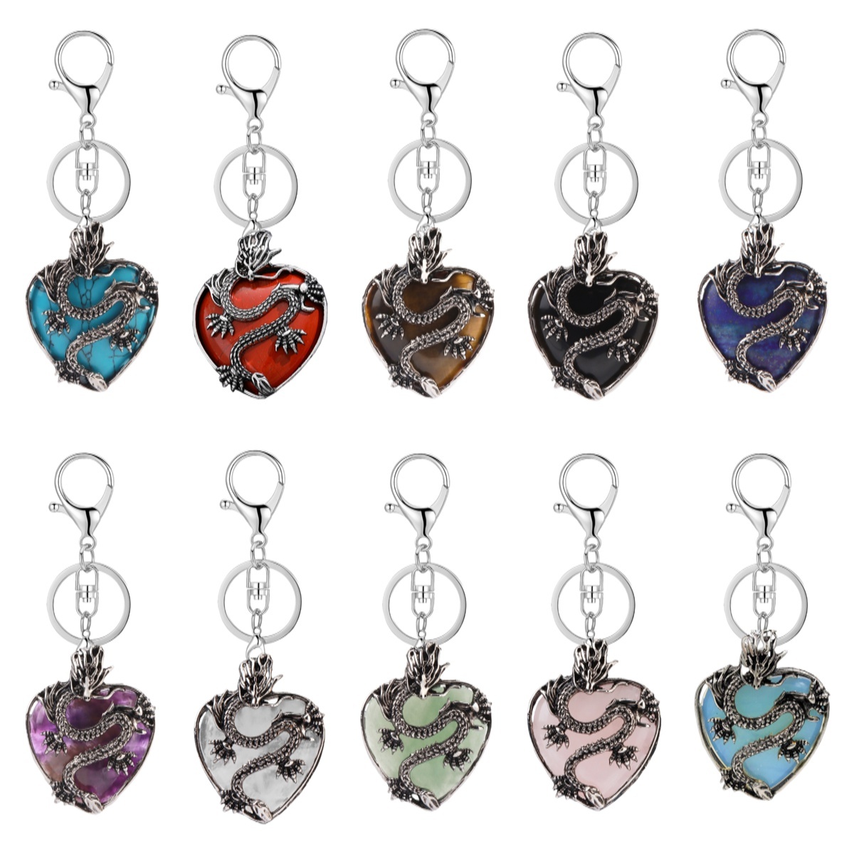 Antique Silver Dragon 30MM Heart Gemstone Pendant (32x42mm) Necklace with 45CM Black Cord