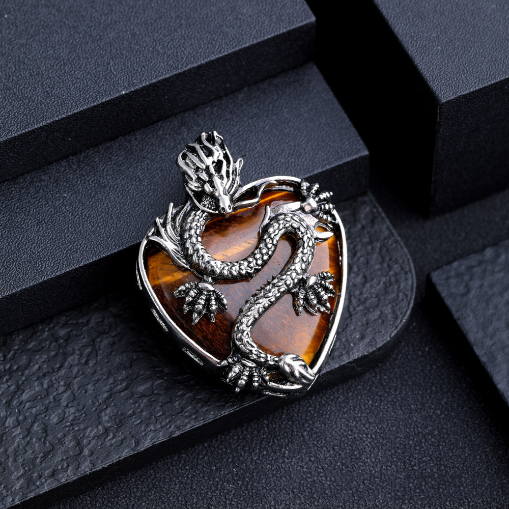 Antique Silver Dragon 30MM Heart Gemstone Pendant (32x42mm) Necklace with 45CM Black Cord