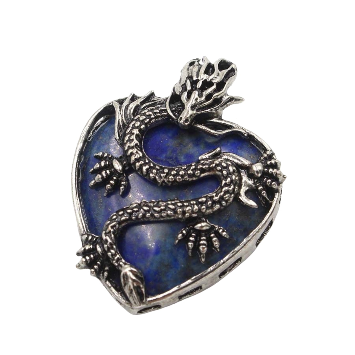 Antique Silver Dragon 30MM Heart Gemstone Pendant (32x42mm) Necklace with 45CM Black Cord