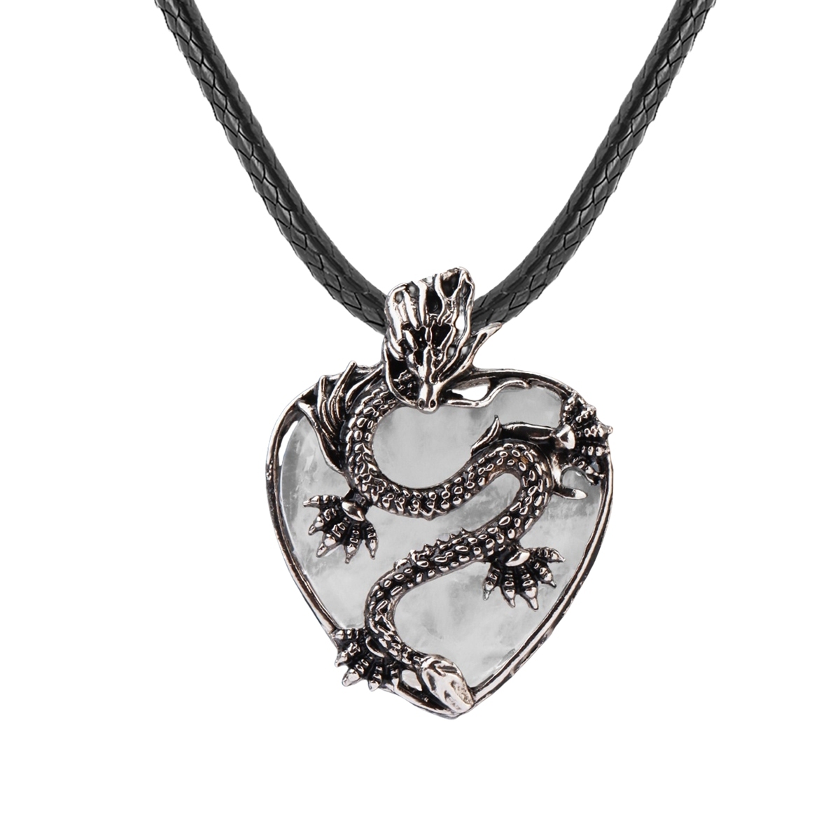 Antique Silver Dragon 30MM Heart Gemstone Pendant (32x42mm) Necklace with 45CM Black Cord