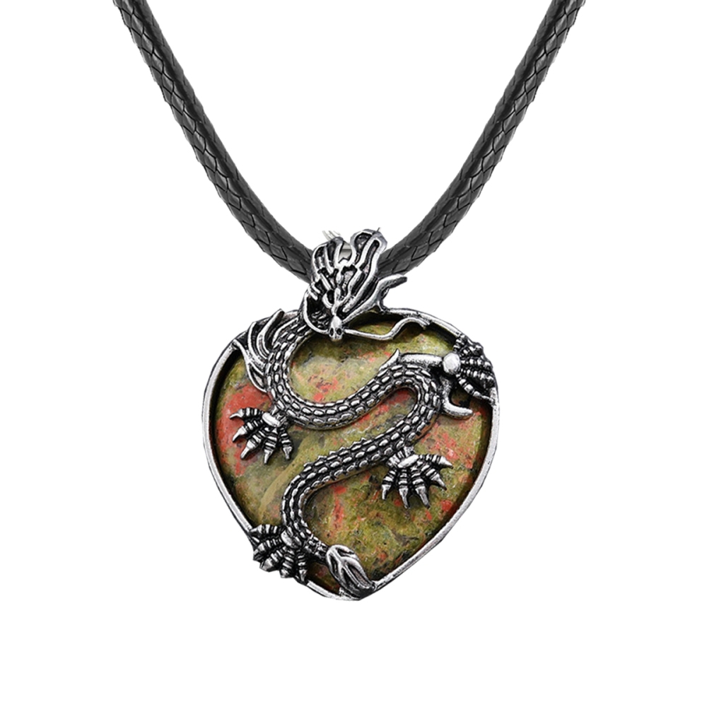 Antique Silver Dragon 30MM Heart Gemstone Pendant (32x42mm) Necklace with 45CM Black Cord