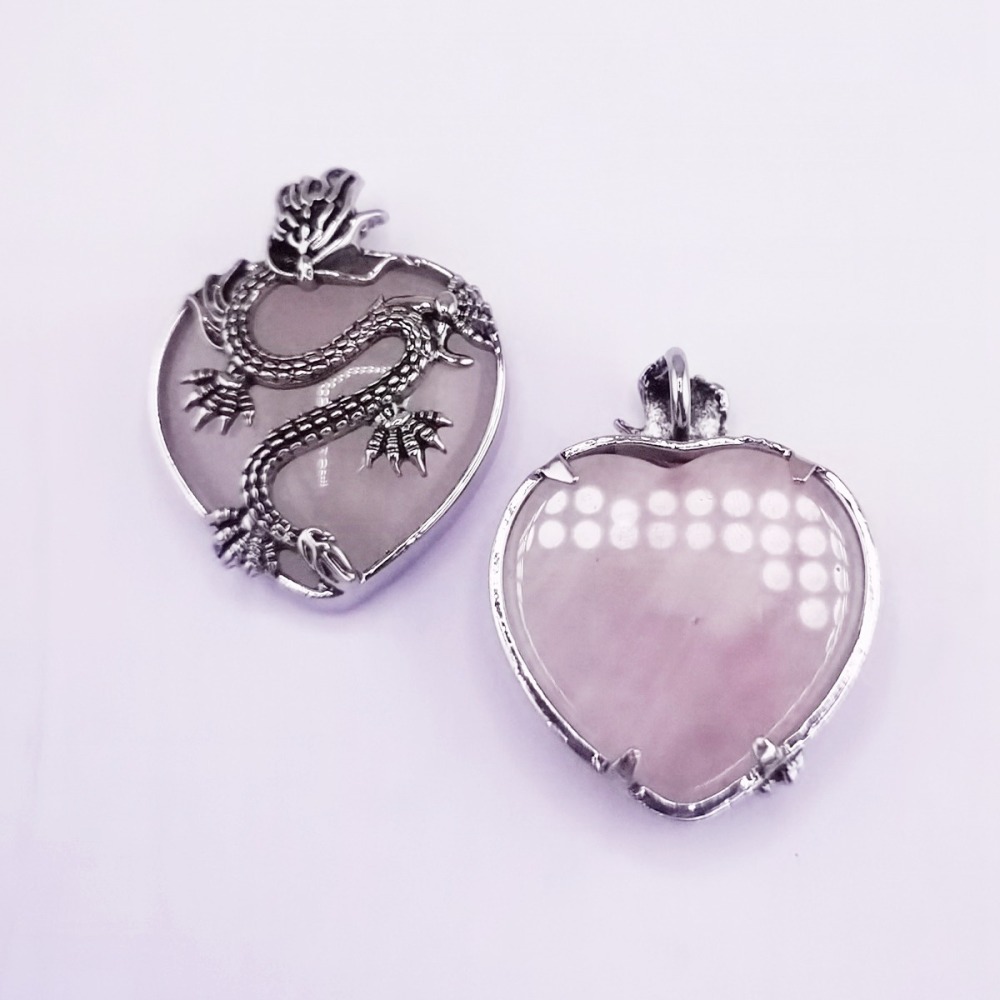 Antique Silver Dragon 30MM Heart Gemstone Pendant (32x42mm) Necklace with 45CM Black Cord