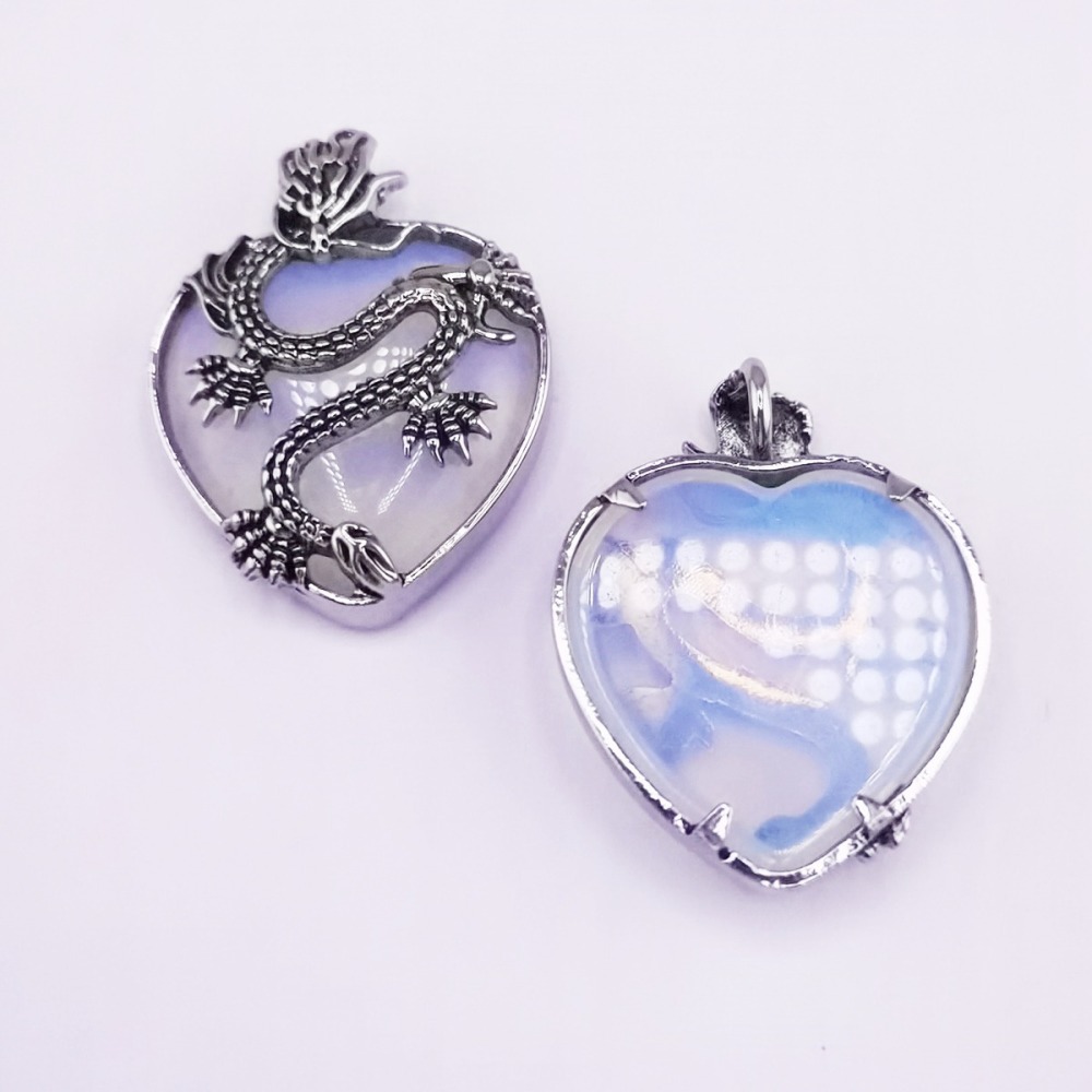 Antique Silver Dragon 30MM Heart Gemstone Pendant (32x42mm) Necklace with 45CM Black Cord