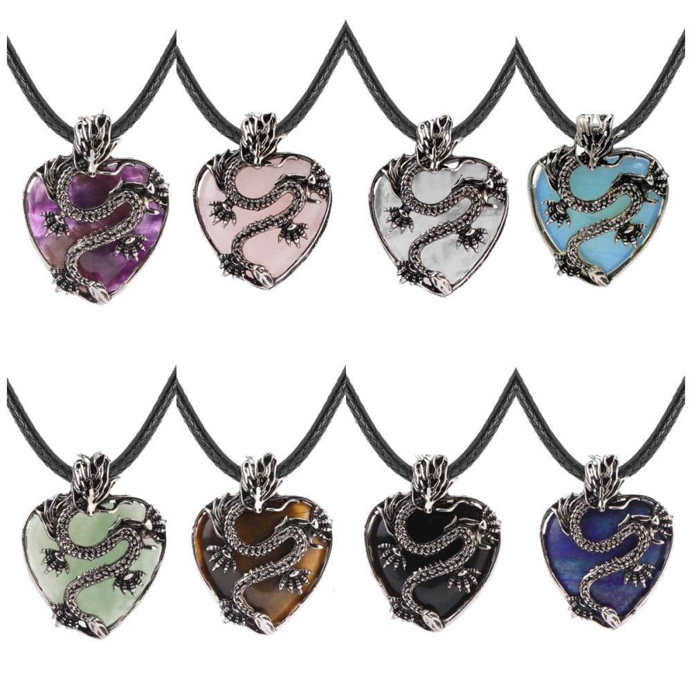 Antique Silver Dragon 30MM Heart Gemstone Pendant (32x42mm) Necklace with 45CM Black Cord