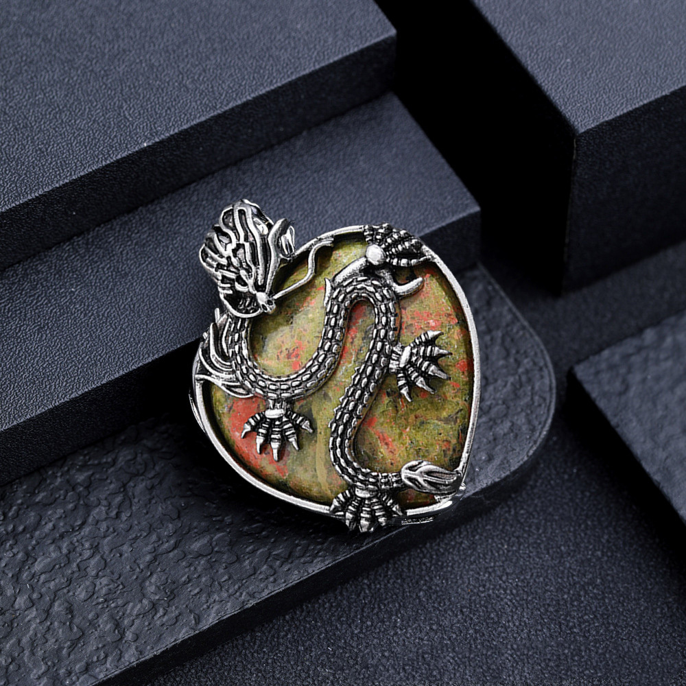 Antique Silver Dragon 30MM Heart Gemstone Pendant (32x42mm) Necklace with 45CM Black Cord