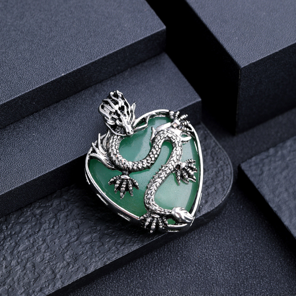 Antique Silver Dragon 30MM Heart Gemstone Pendant (32x42mm) Necklace with 45CM Black Cord