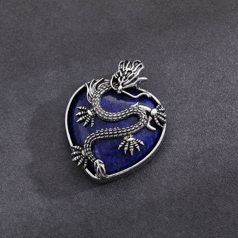 Antique Silver Dragon 30MM Heart Gemstone Pendant (32x42mm) Necklace with 45CM Black Cord