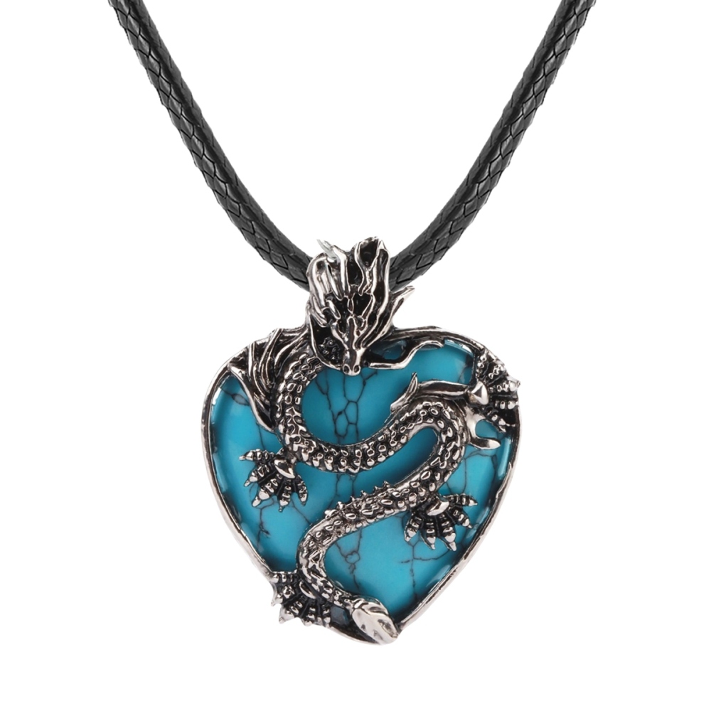 Antique Silver Dragon 30MM Heart Gemstone Pendant (32x42mm) Necklace with 45CM Black Cord
