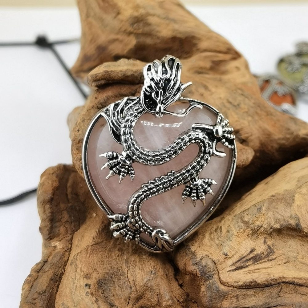 Antique Silver Dragon 30MM Heart Gemstone Pendant (32x42mm) Necklace with 45CM Black Cord