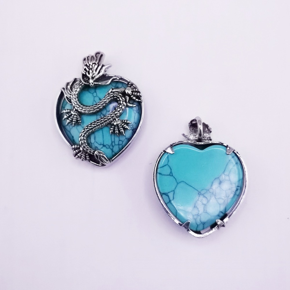 Antique Silver Dragon 30MM Heart Gemstone Pendant (32x42mm) Necklace with 45CM Black Cord