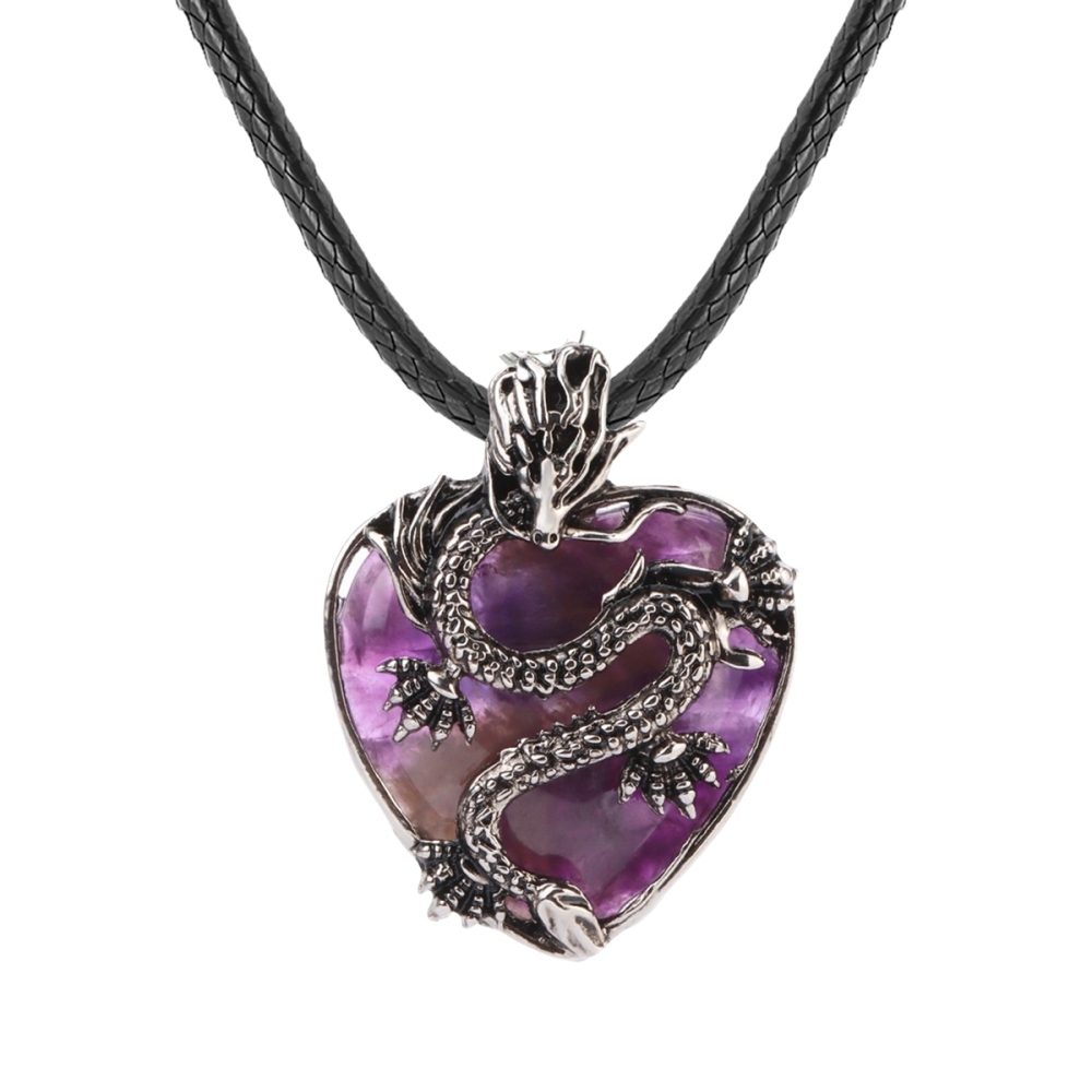 Antique Silver Dragon 30MM Heart Gemstone Pendant (32x42mm) Necklace with 45CM Black Cord