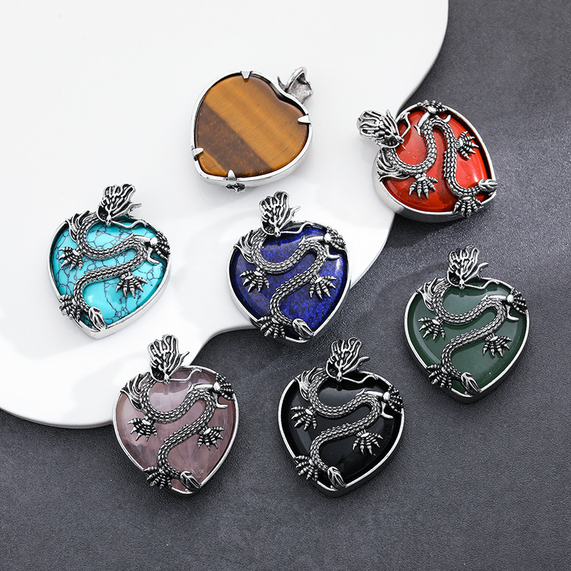 Antique Silver Dragon 30MM Heart Gemstone Pendant (32x42mm) for DIY Making Jewelry