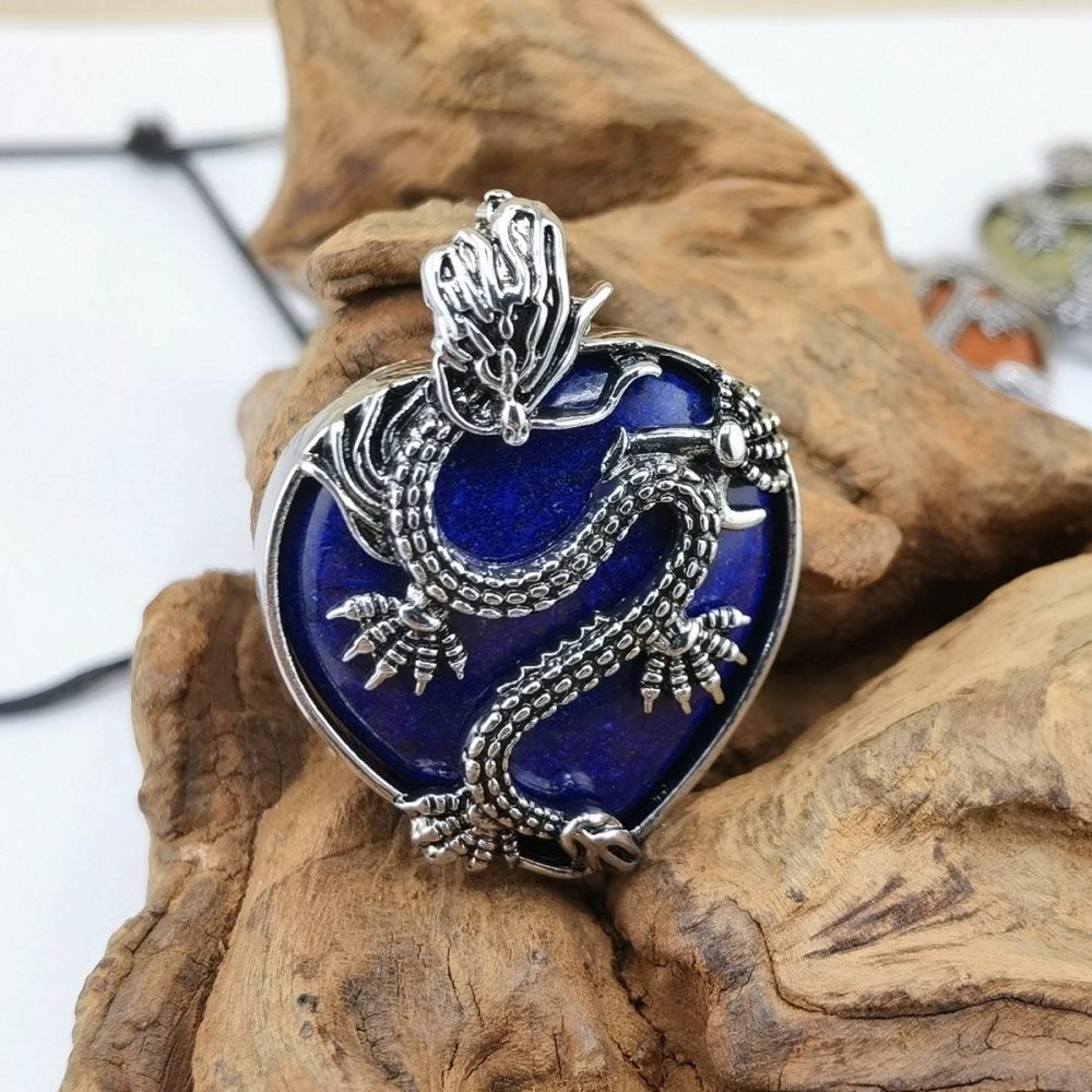 Antique Silver Dragon 30MM Heart Gemstone Pendant (32x42mm) Necklace with 45CM Black Cord